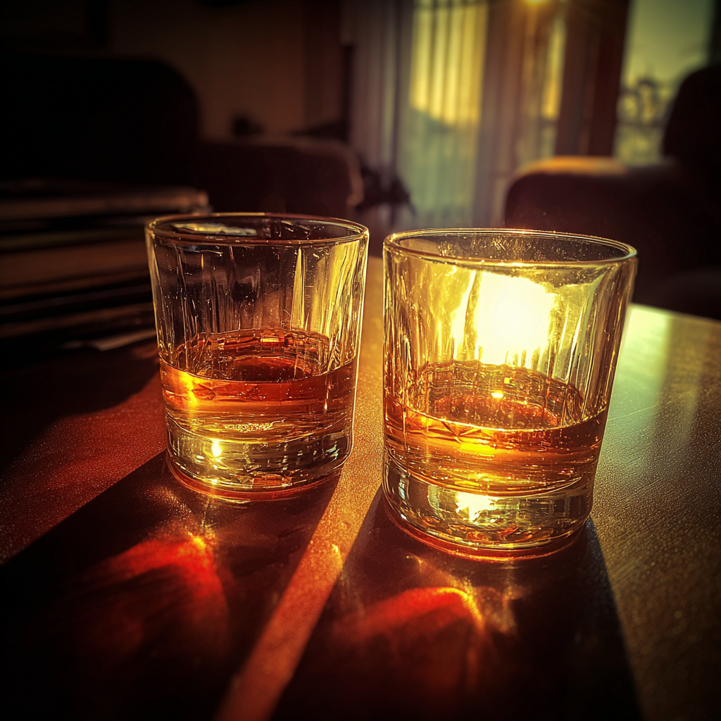 Two glasses of whiskey on a coffee table | Source: Midjourney