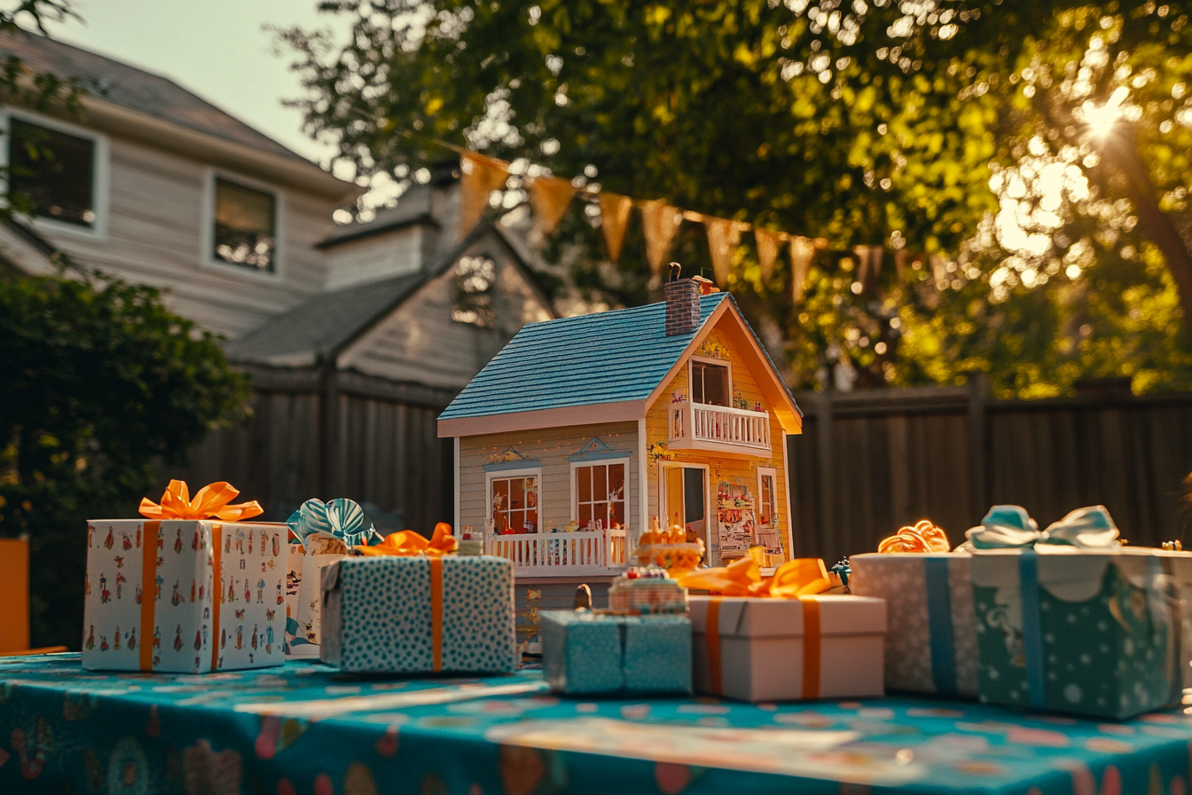 A dollhouse on a table with presents at a backyard birthday party | Source: Midjourney