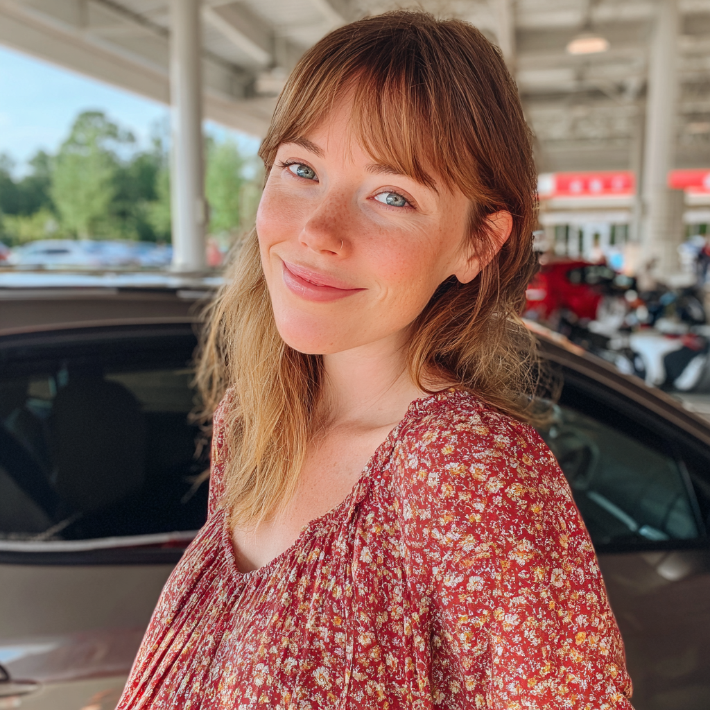 A smiling woman standing in a parking lot | Source: Midjourney