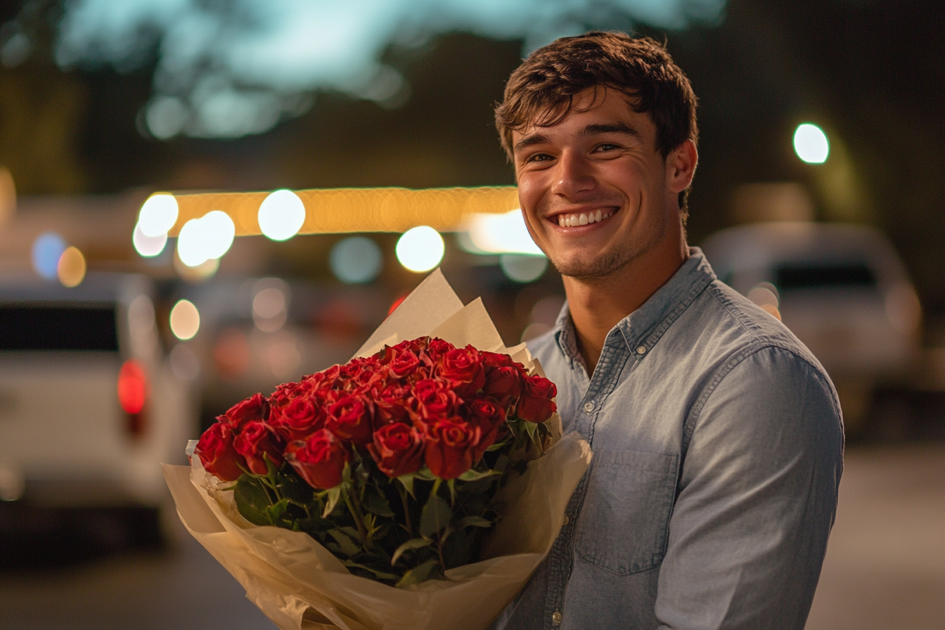 A man holding a bouquet of roses | Source: Midjourney