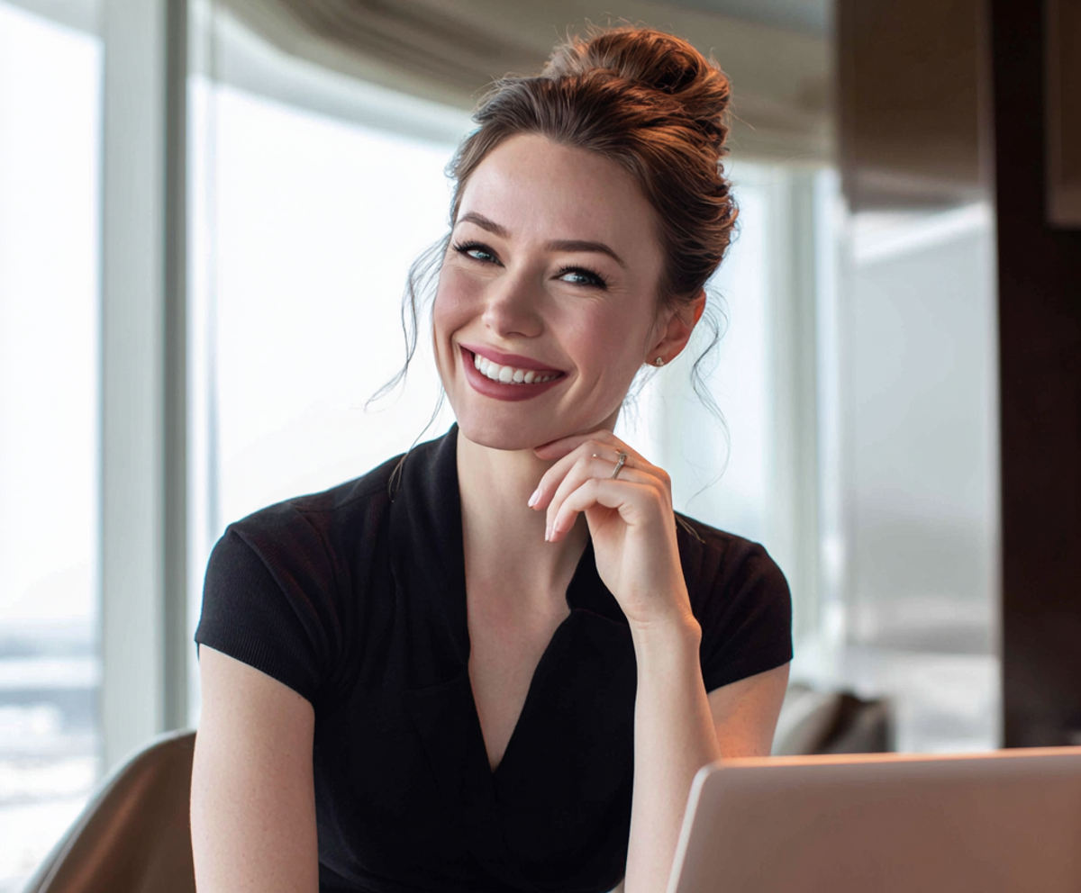 A smiling woman sitting at a desk | Source: Midjourney