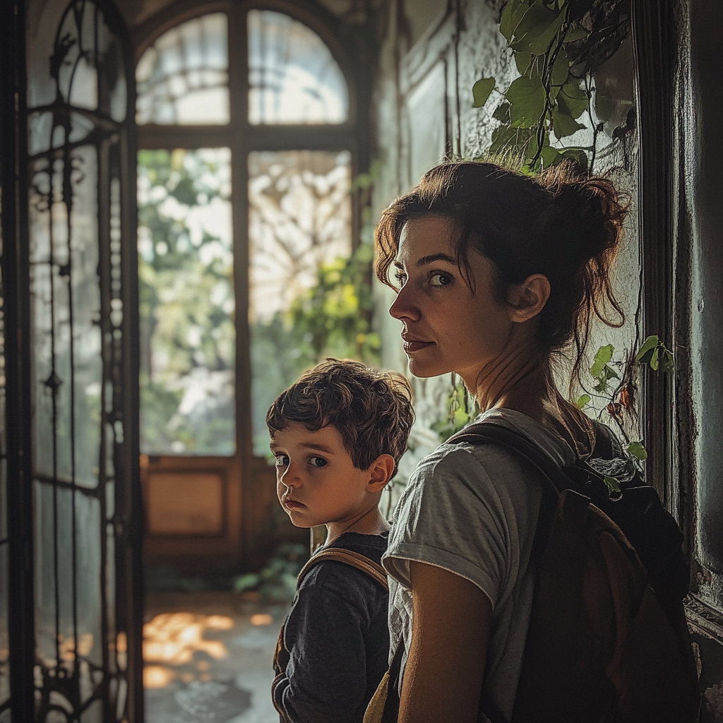 Mother and son inside a huge ivy-covered mansion | Source: Midjourney