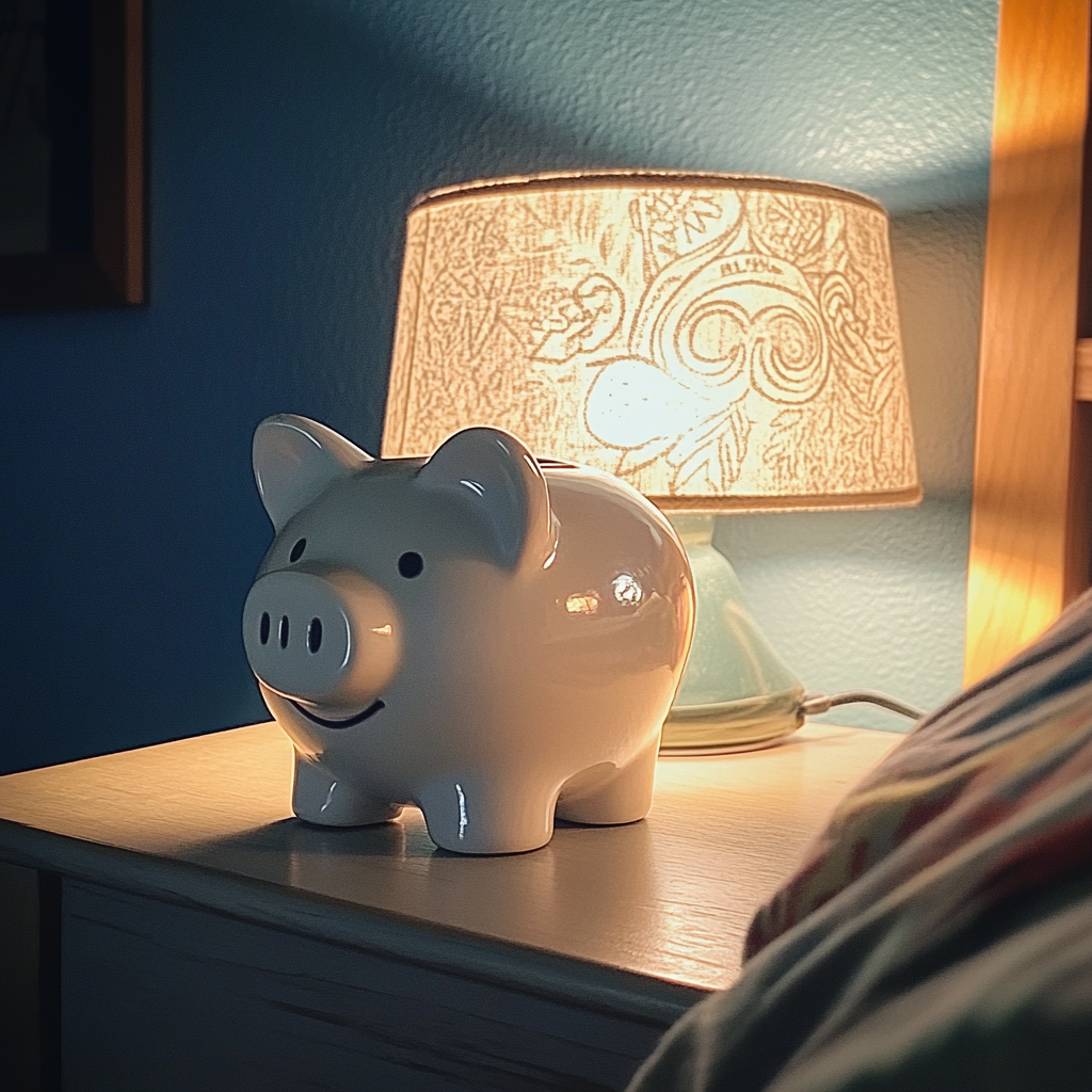 A piggy bank on a nightstand | Source: Midjourney