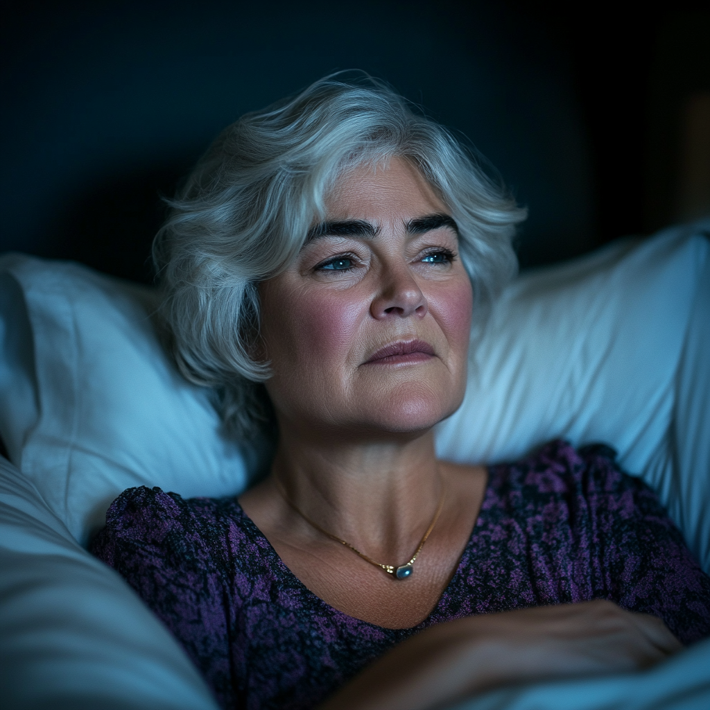 A sad and worried woman lying in bed awake at night | Source: Midjourney