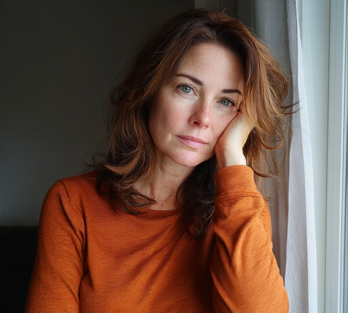 A woman leaning against a window | Source: Midjourney