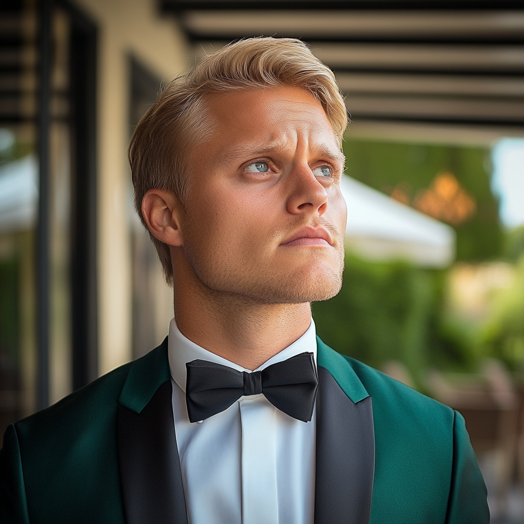 A groom wearing a green tux | Source: Midjourney