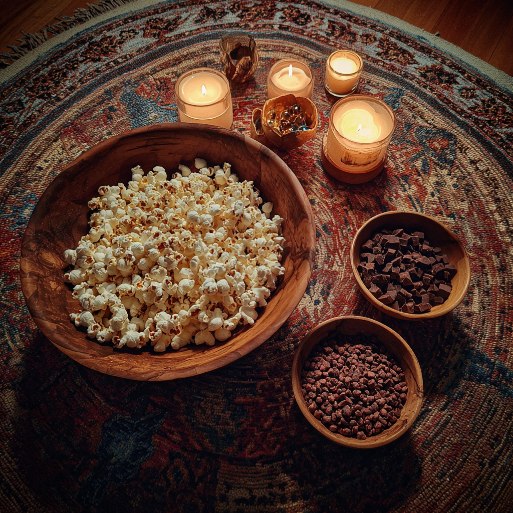 Food in wooden bowls on a rug | Source: Midjourney