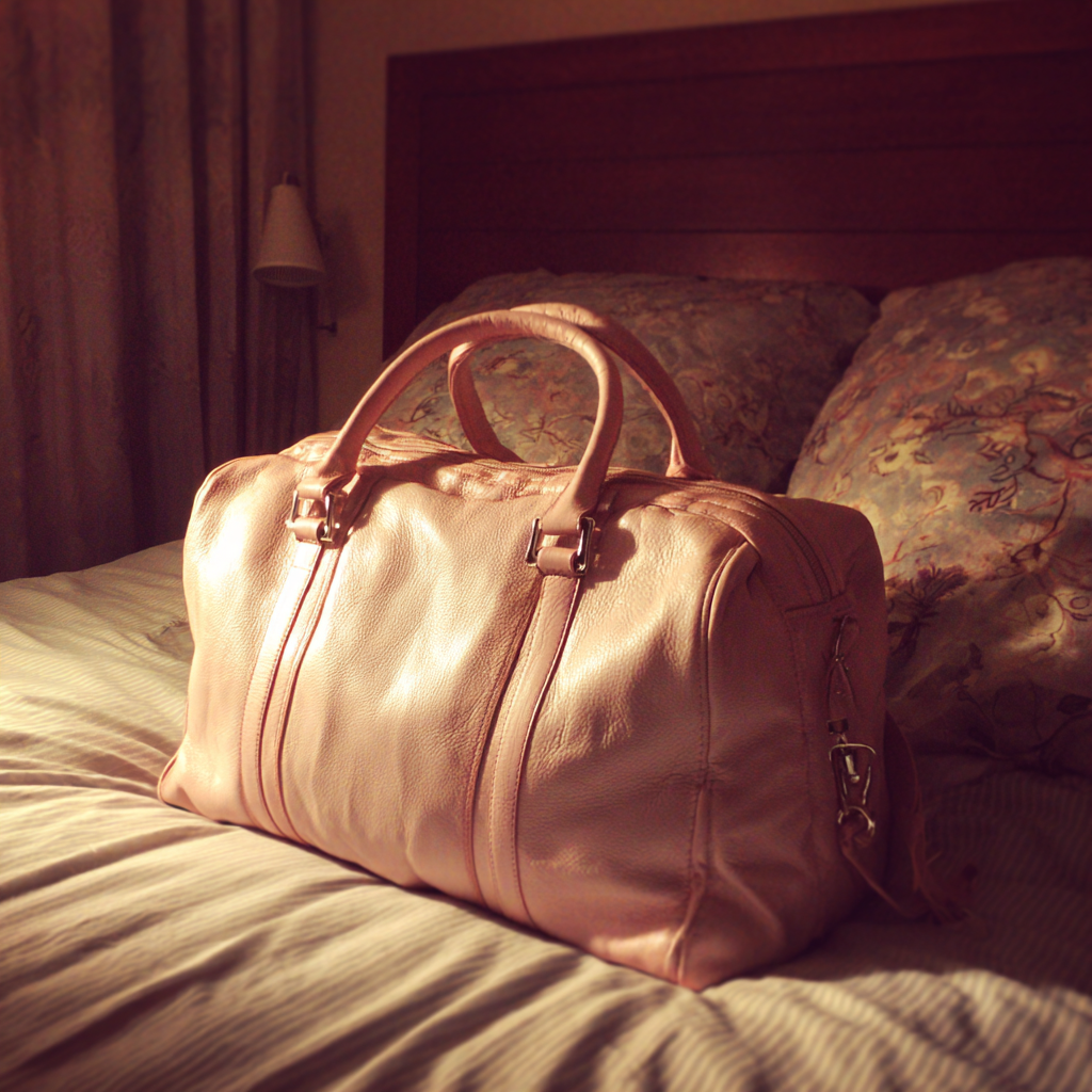 A pale pink bag on a bed | Source: Midjourney
