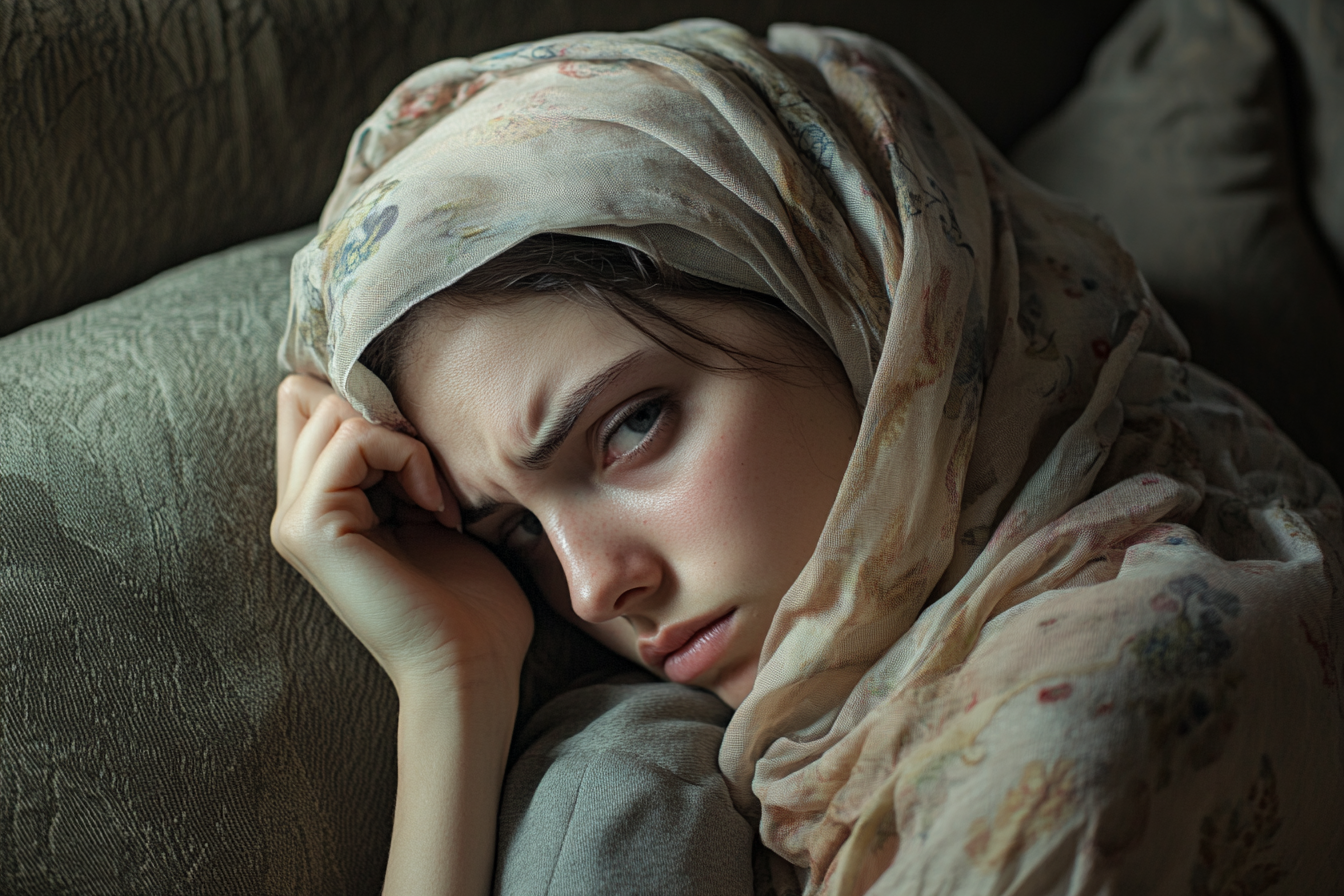 A depressed woman wearing a headscarf lying on a sofa | Source: Midjourney