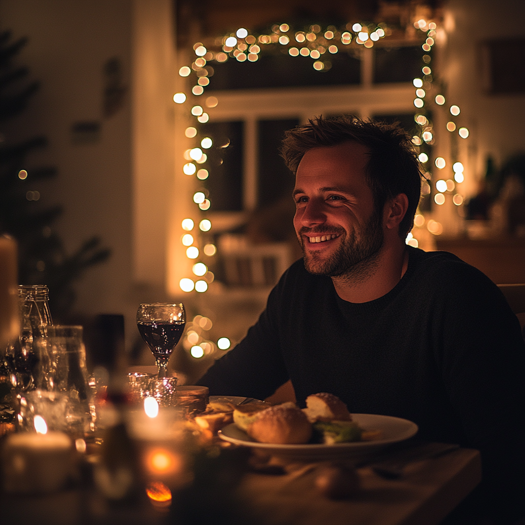 Un homme souriant à table | Source : Midjourney