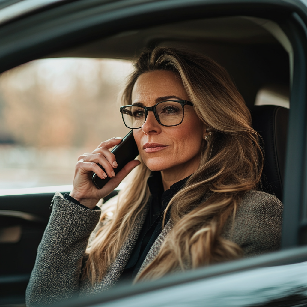 Woman in her car, talking on the phone | Source: Midjourney