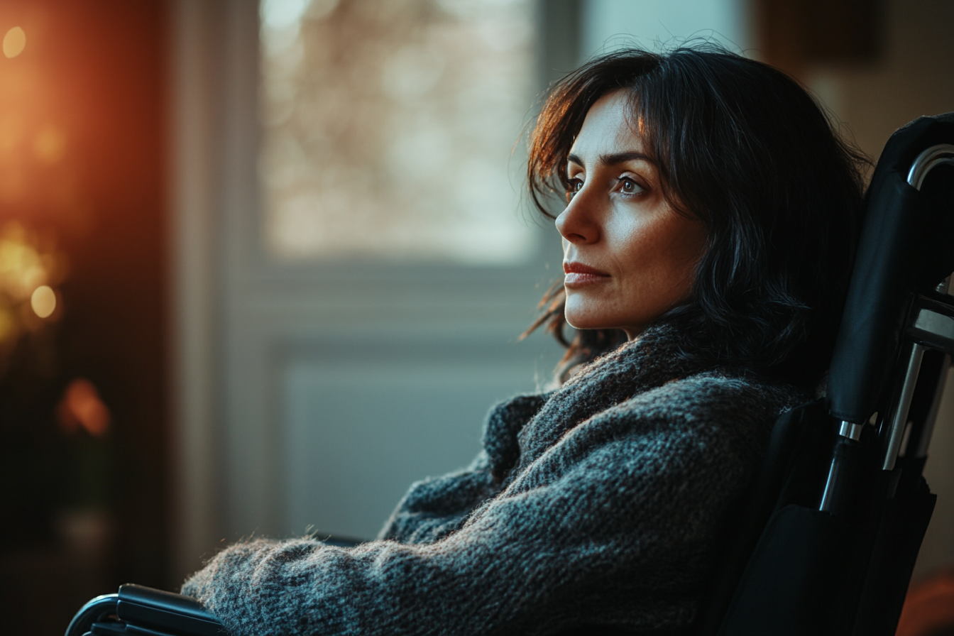 Une femme en fauteuil roulant à l'expression sombre | Source : Midjourney