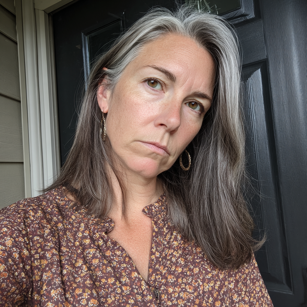 An older woman standing in front of her door | Source: Midjourney