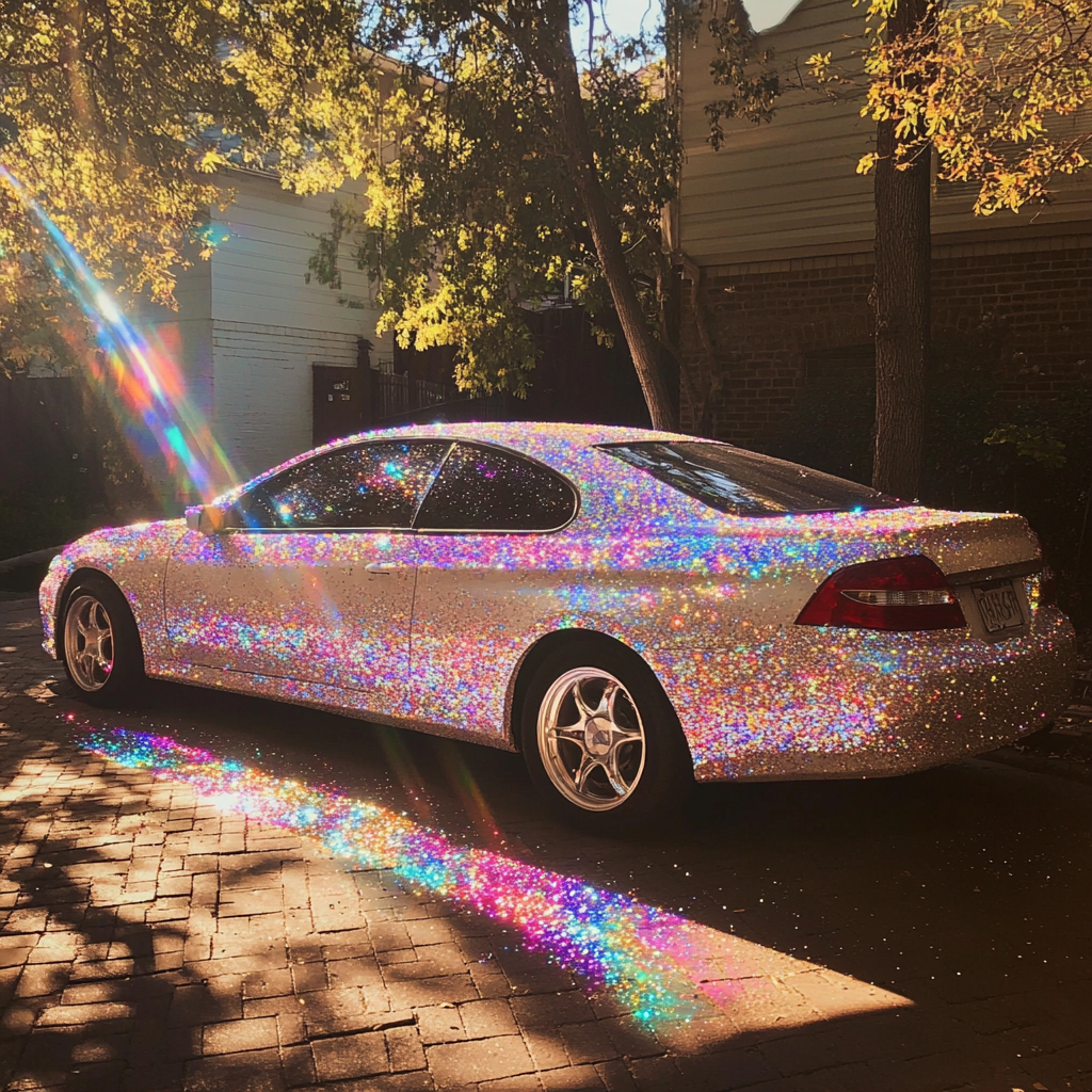 Une voiture recouverte de paillettes | Source : Midjourney