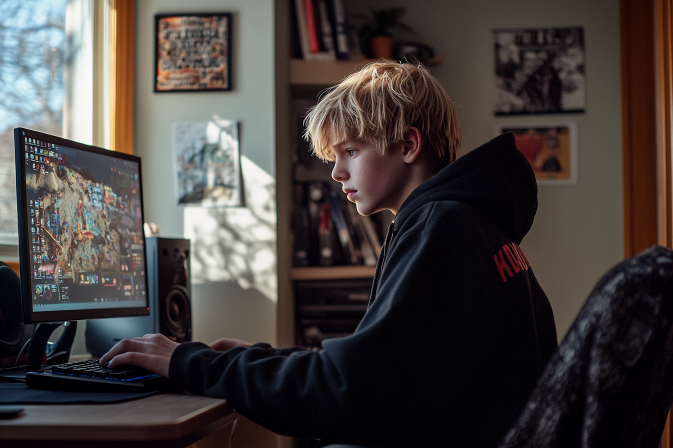 A blonde teenage boy playing computer games | Source: Midjourney