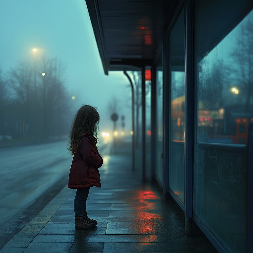 A lonely little girl standing at a bus stop | Source: Midjourney