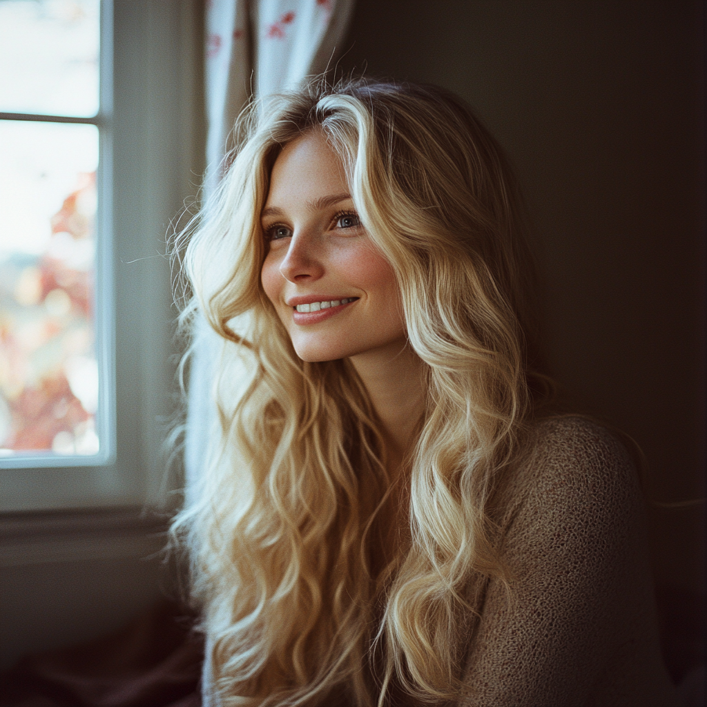 A smiling woman in her room | Source: Midjourney