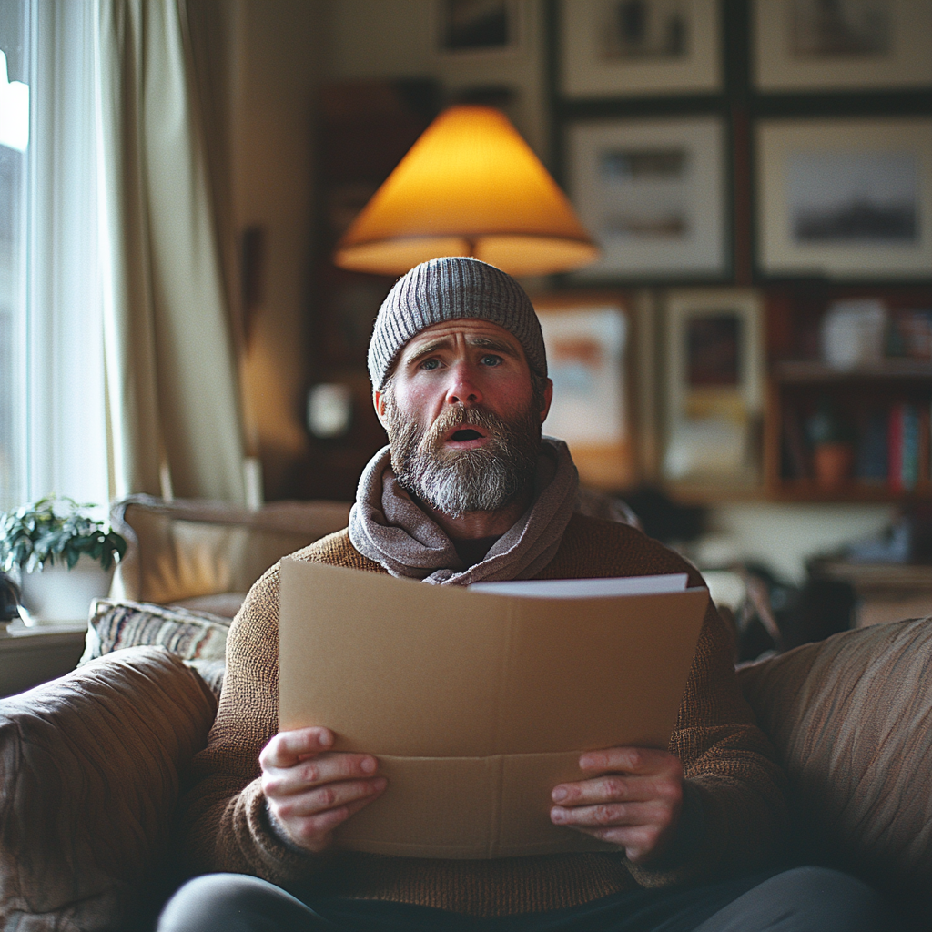 Greg shocked while holding an envelope | Source: Midjourney