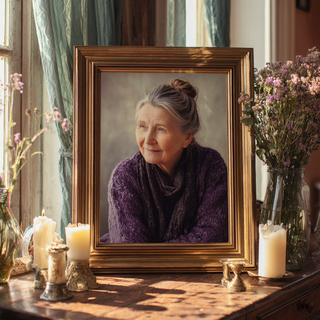 A woman's framed photo on a table adorned with candles and flowers | Source: Midjourney