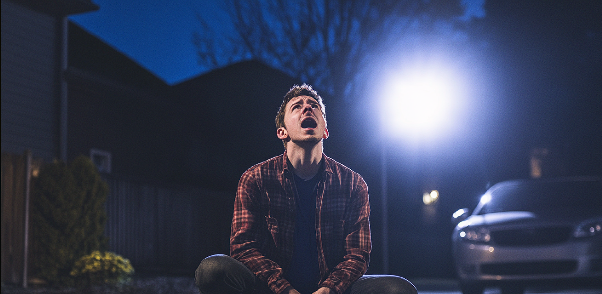 An emotional man in a driveway | Source: Midjourney