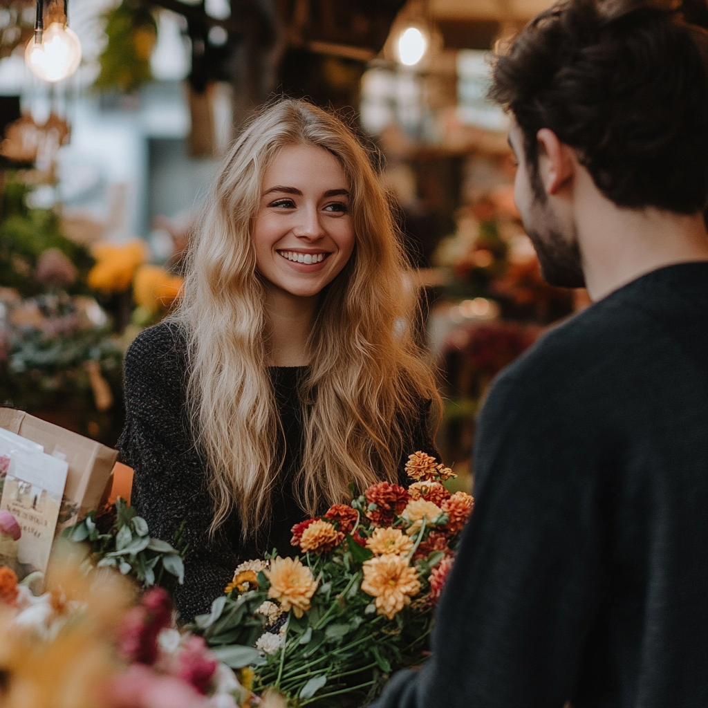 A woman talking to a man in a flower shop | Source: Midjourney