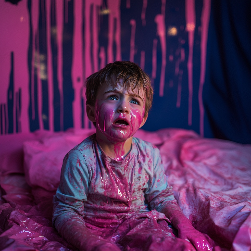 An upset child covered in pink paint | Source: Midjourney