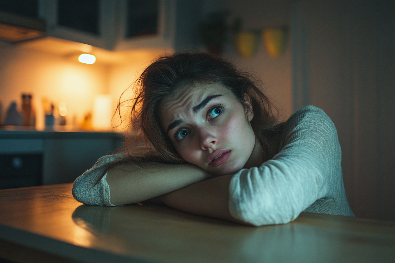 Une femme posant sa tête sur ses bras croisés | Source : Midjourney