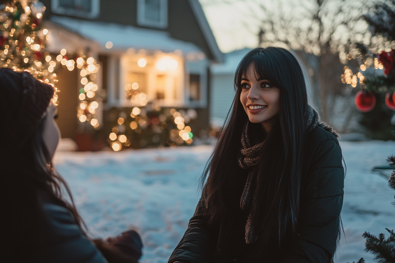 Woman talking to neighbors in a snowy yard | Source: Midjourney