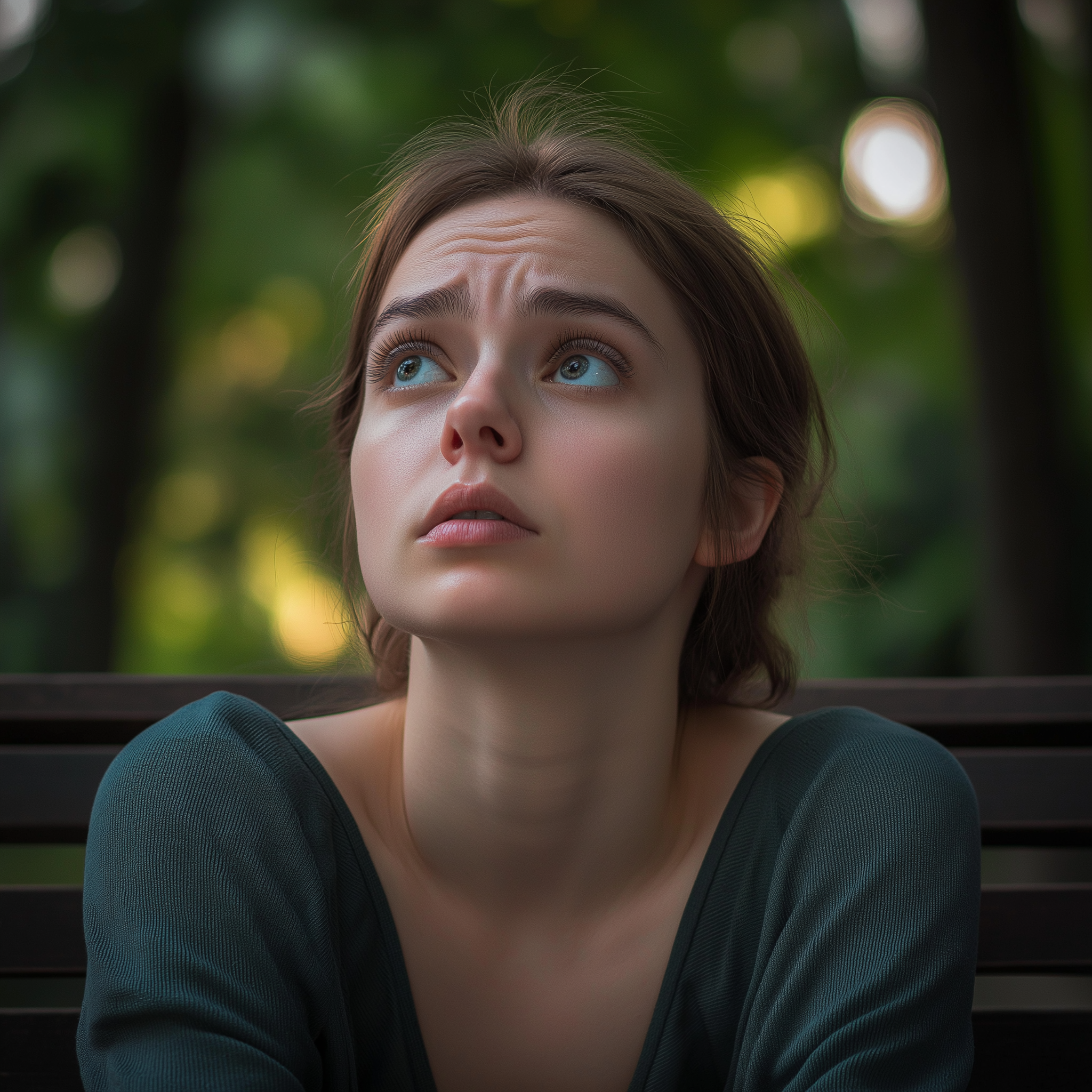 A woman looking a bit concerned and emotional while sitting on a bench in a park | Source: Midjourney