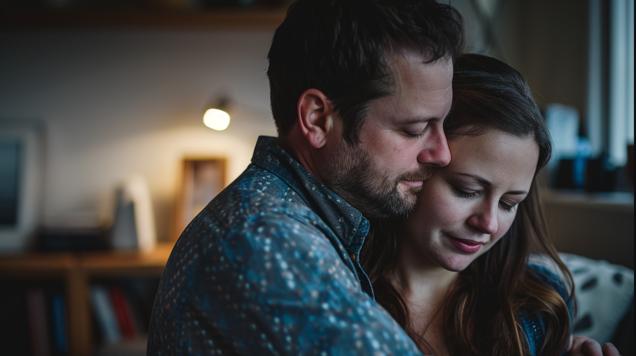 A couple sitting together in their home | Source: Midjourney