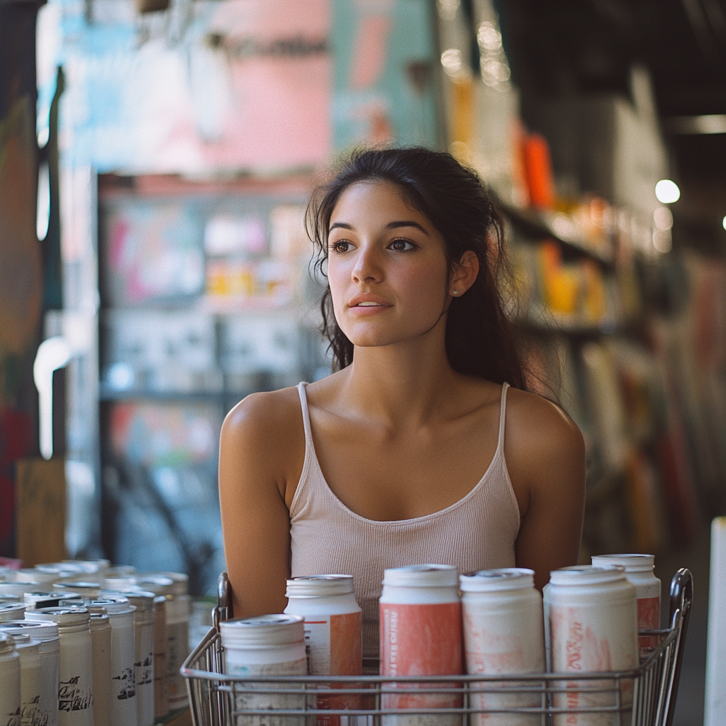 A woman with paint cans | Source: Midjourney