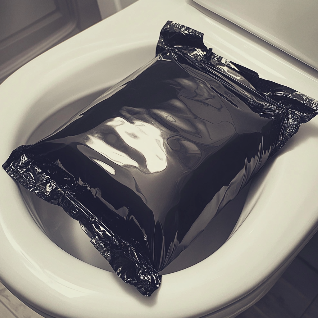 A vacuum-sealed package placed on a toilet seat | Source: Midjourney