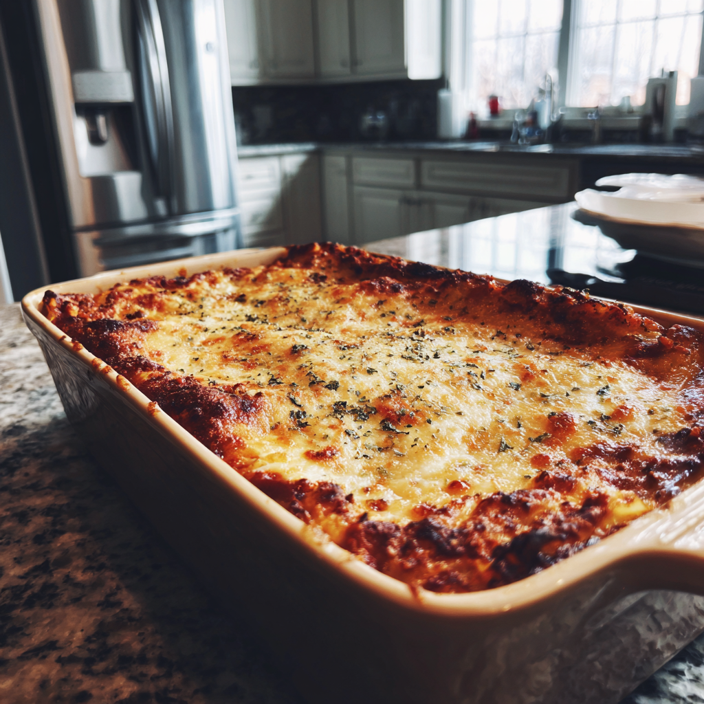 A casserole of lasagna on a kitchen counter | Source: Midjourney