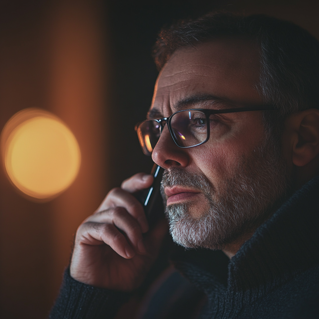 Un homme sérieux parlant au téléphone | Source : Midjourney