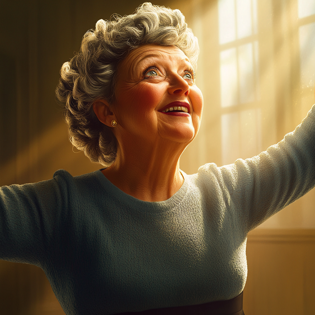 An older woman overwhelmed with emotions looking up and smiling while dancing | Source: Midjourney