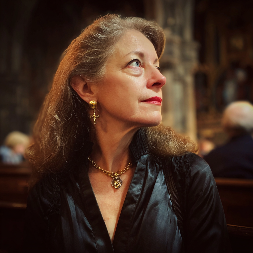 An older woman wearing a black silk blouse | Source: Midjourney