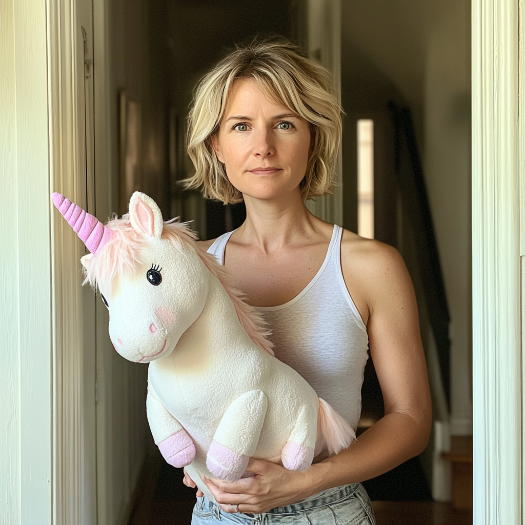 A woman holding a stuffed unicorn | Source: Midjourney