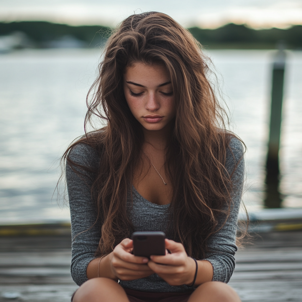 A woman sitting on a dock and typing | Source: Midjourney