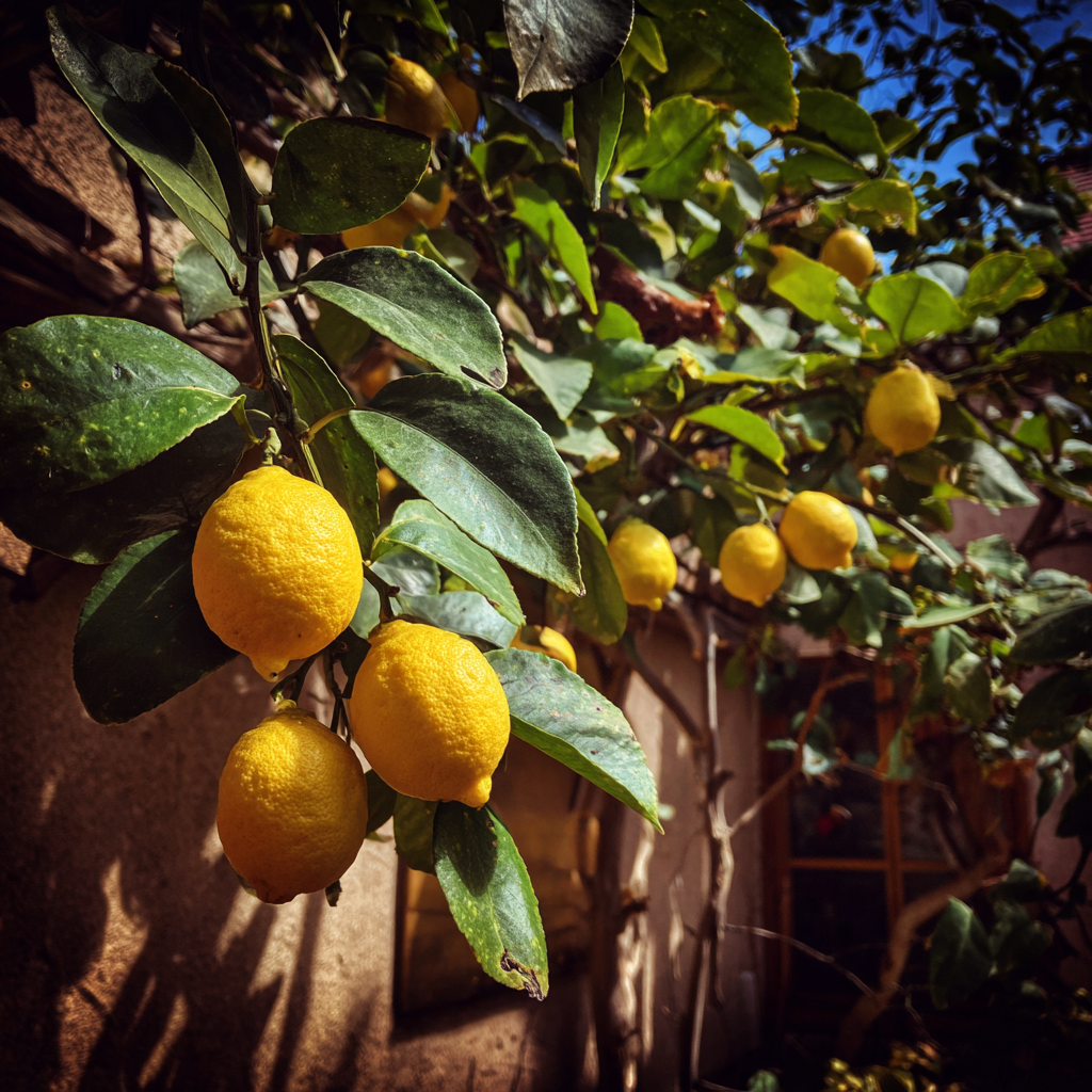 A lemon tree growing in a backyard | Source: Midjourney