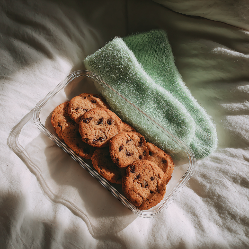 A container of chocolate chip cookies and a pair of fuzzy socks | Source: Midjourney