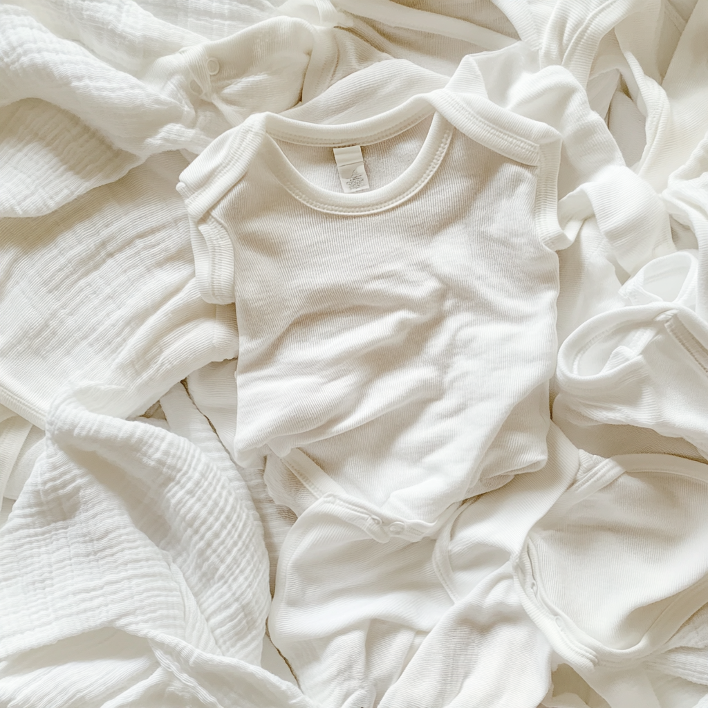 A pile of white baby clothes | Source: Midjourney
