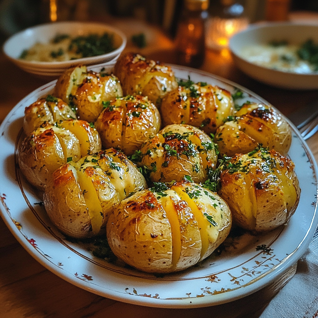 A plate of baked potatoes | Source: Midjourney