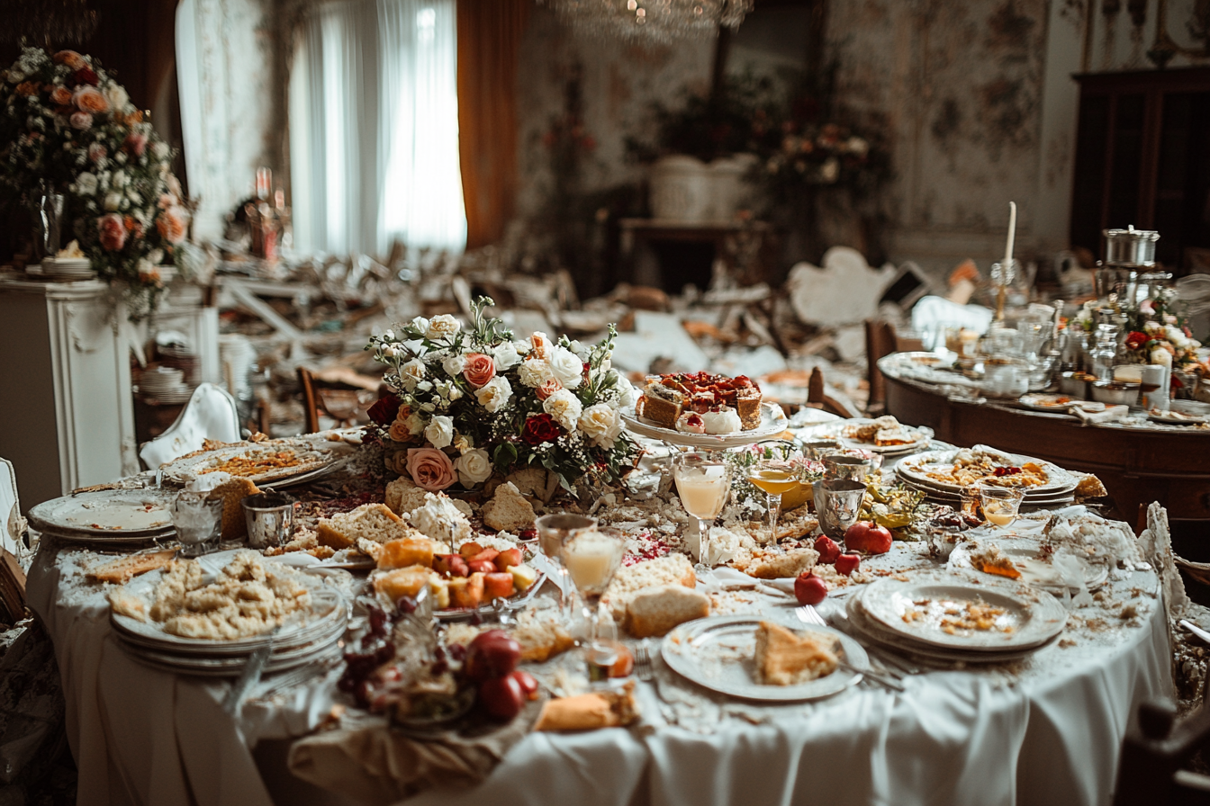 Wrecked wedding venue—overturned tables, ruined décor | Source: Midjourney