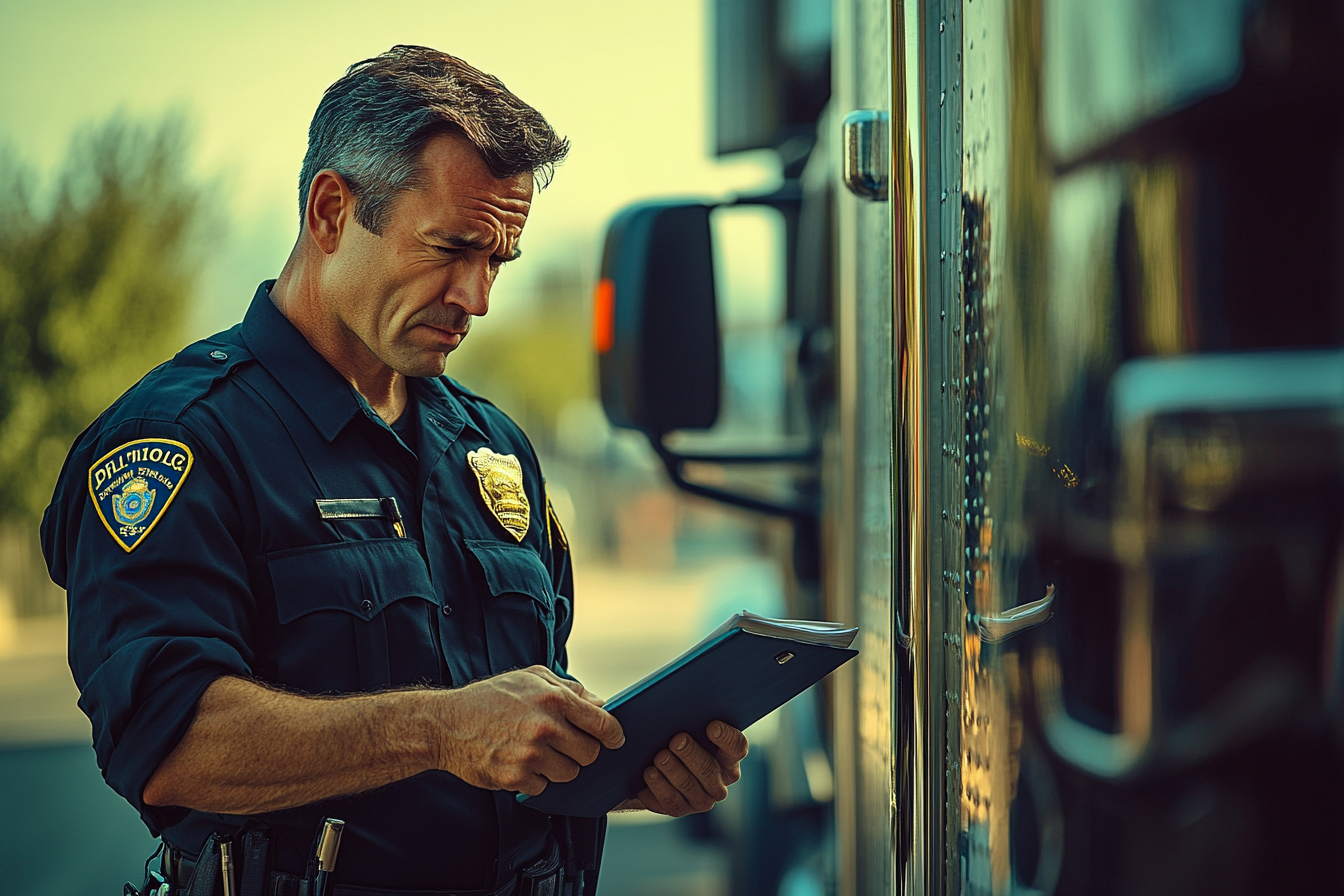 Police officer frowning next to a semi-truck holding a notepad | Source: Midjourney