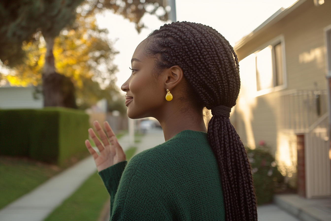 A smiling woman in her 30s waving her hand while standing on the sidewalk of a neighborhood | Source: Midjourney