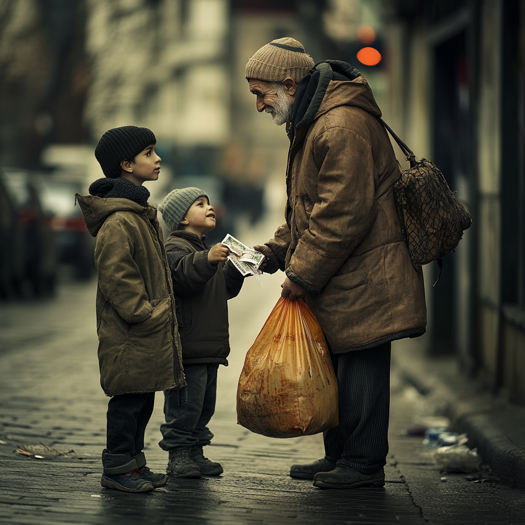 A man giving money to two boys | Source: Midjourney