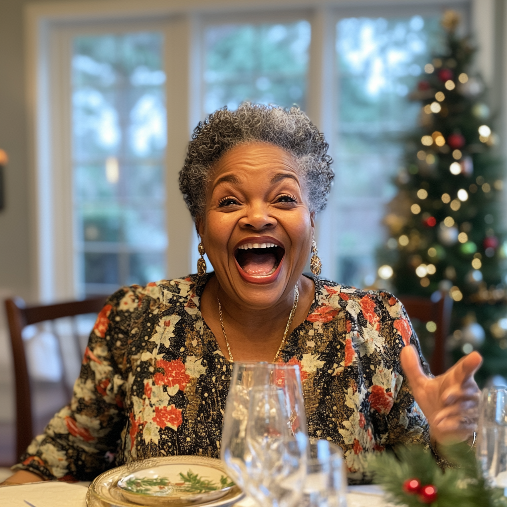 An excited woman sitting at a table | Source: Midjourney