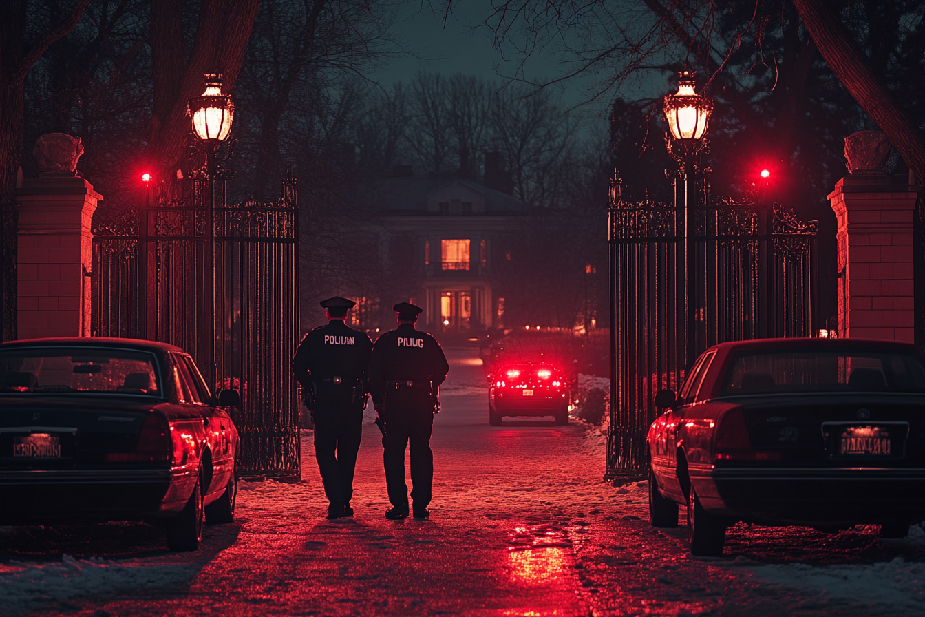 Two male police officers standing near their patrol cars in front of a massive gate leading to a luxurious mansion. | Source: Midjourney