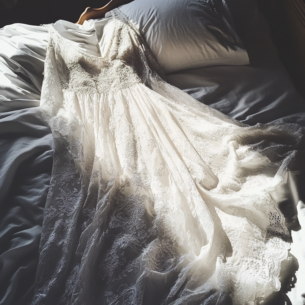 A wedding dress on a bed | Source: Midjourney