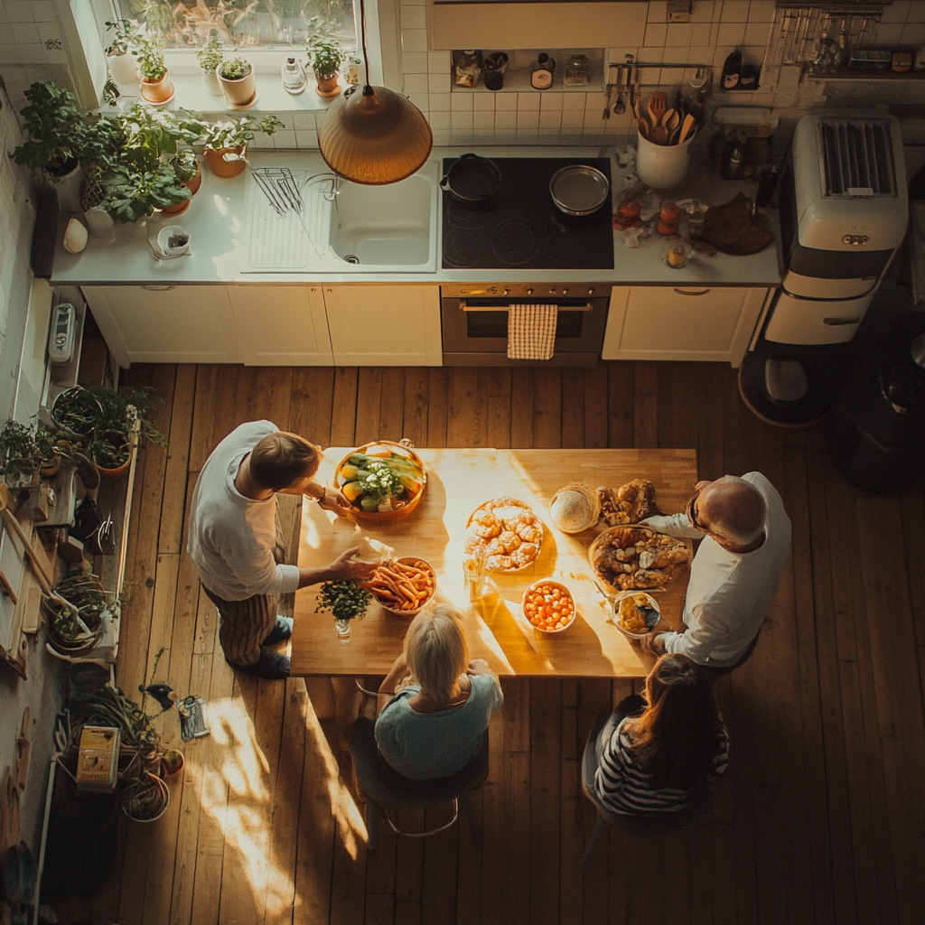 Família preparando o jantar na mesa | Fonte: Midjouney